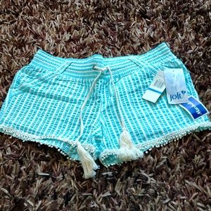Boho Aqua turquoise striped cotton shorts with tassel tie and 4 pockets NWT. 9